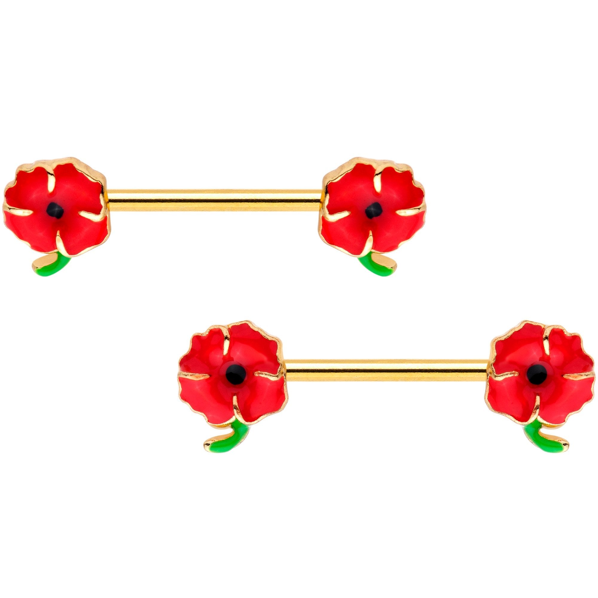 14G 9/16 Gold Tone Field of Poppies Barbell Nipple Ring Set - BodyCandy - Flyclothing LLC