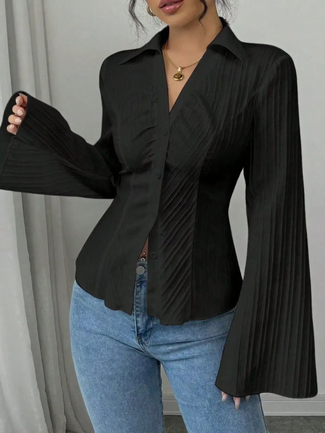 Flare Sleeve Button Up Shirt - Trendsi - Flyclothing LLC
