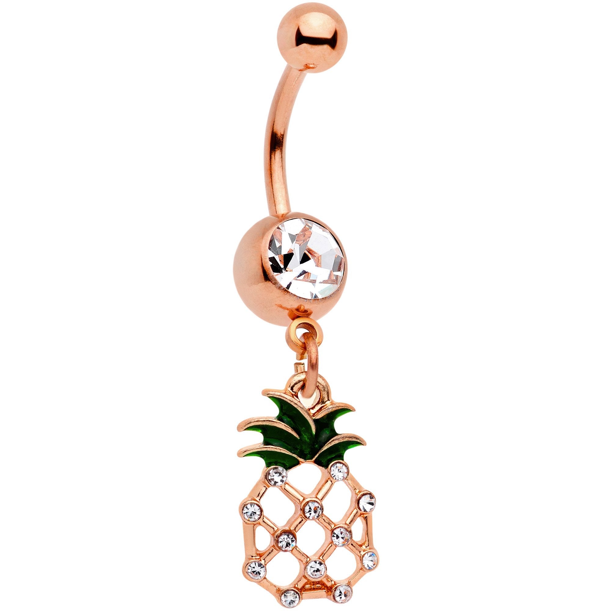 Clear Gem Rose Gold Tone Tropical Treat Pineapple Dangle Belly Ring - BodyCandy - Flyclothing LLC
