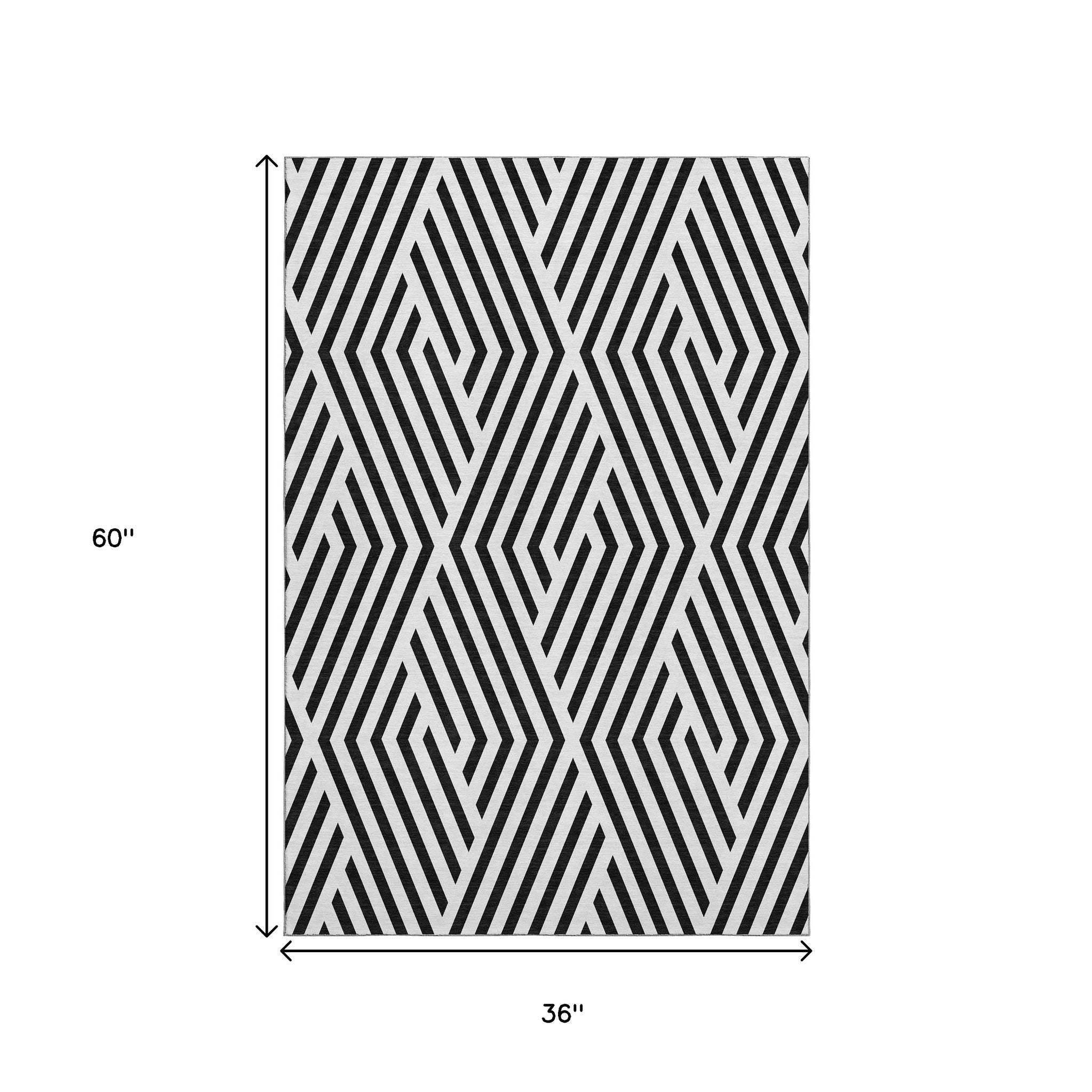 3' X 5' Black And Ivory Geometric Washable Area Rug With UV Protection - HomeRoots - Flyclothing LLC