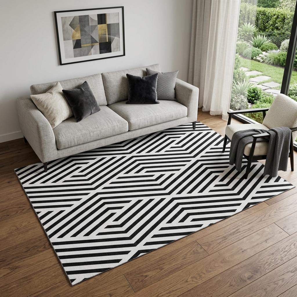 5' X 8' Black And Ivory Geometric Washable Area Rug With UV Protection - HomeRoots - Flyclothing LLC