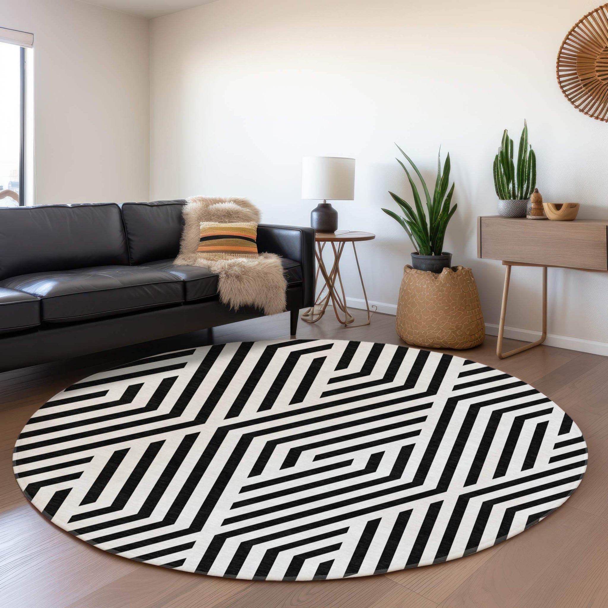 8' Black And Ivory Geometric Washable Round Rug With UV Protection - HomeRoots - Flyclothing LLC