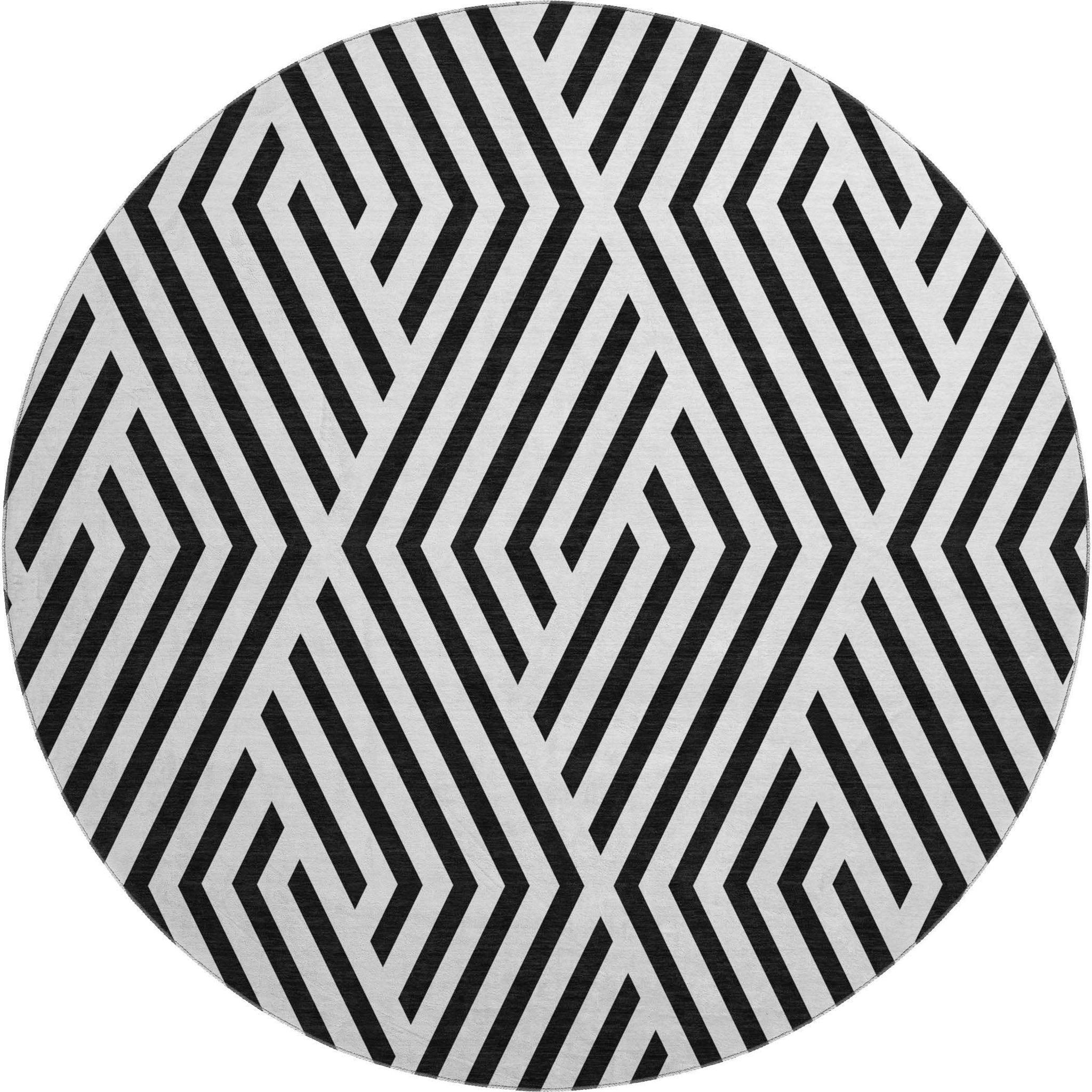 8' Black And Ivory Geometric Washable Round Rug With UV Protection - HomeRoots - Flyclothing LLC