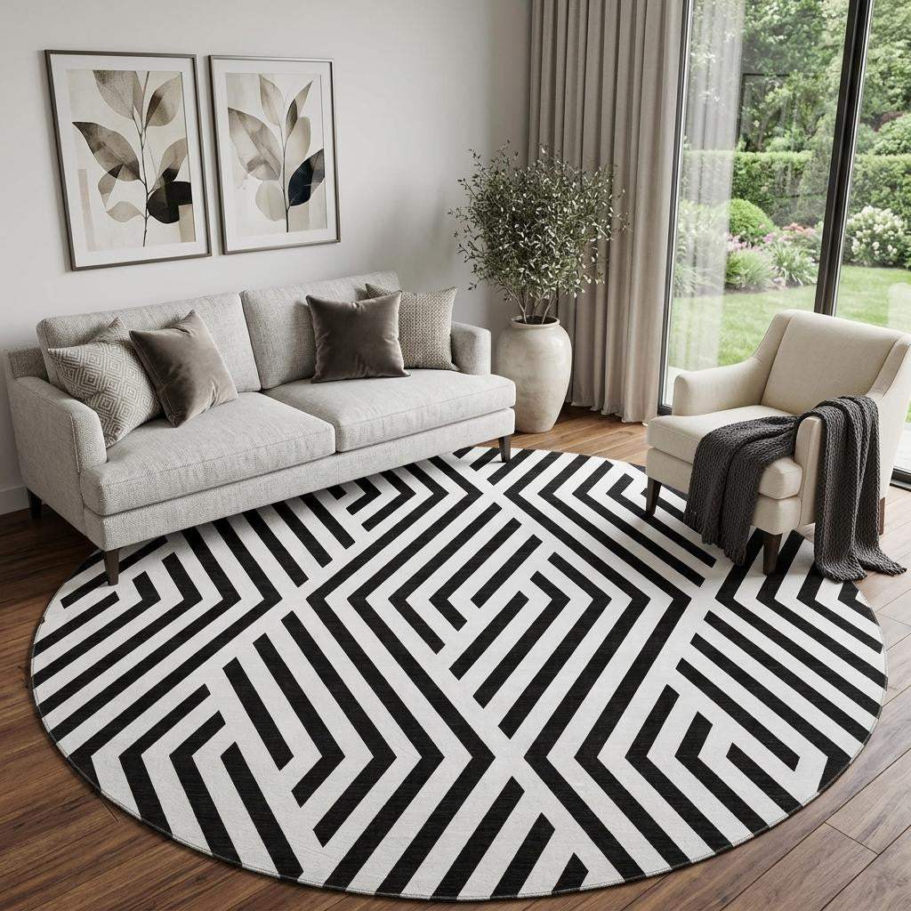 8' Black And Ivory Geometric Washable Round Rug With UV Protection - HomeRoots - Flyclothing LLC