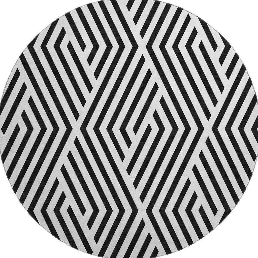 8' Black And Ivory Geometric Washable Round Rug With UV Protection - HomeRoots - Flyclothing LLC