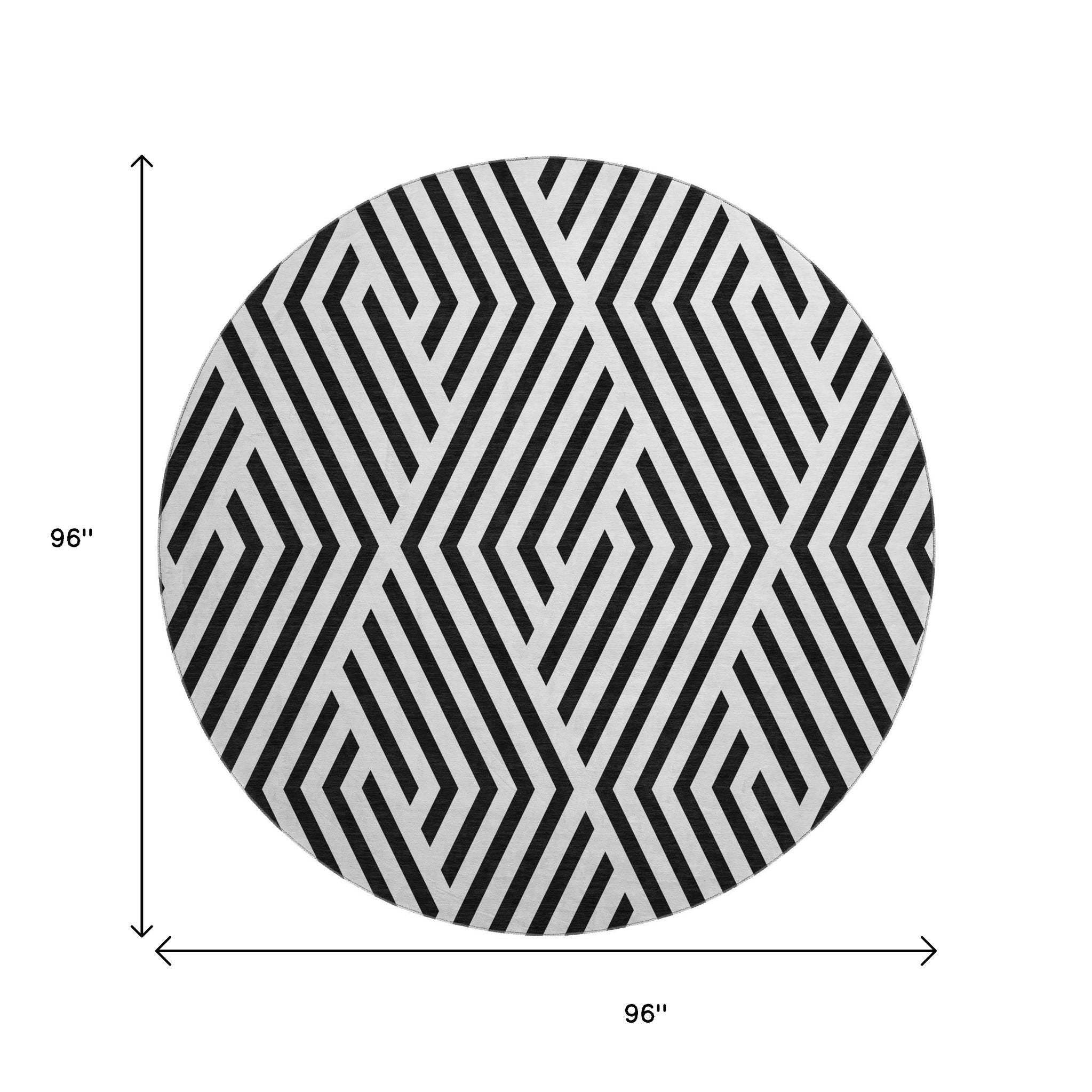 8' Black And Ivory Geometric Washable Round Rug With UV Protection - HomeRoots - Flyclothing LLC