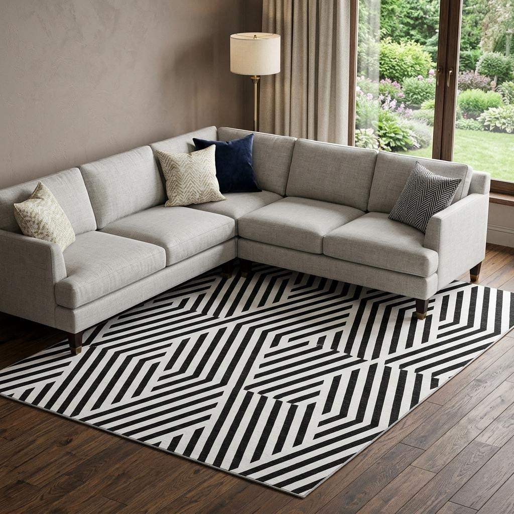 8' X 10' Black And Ivory Geometric Washable Area Rug With UV Protection - HomeRoots - Flyclothing LLC