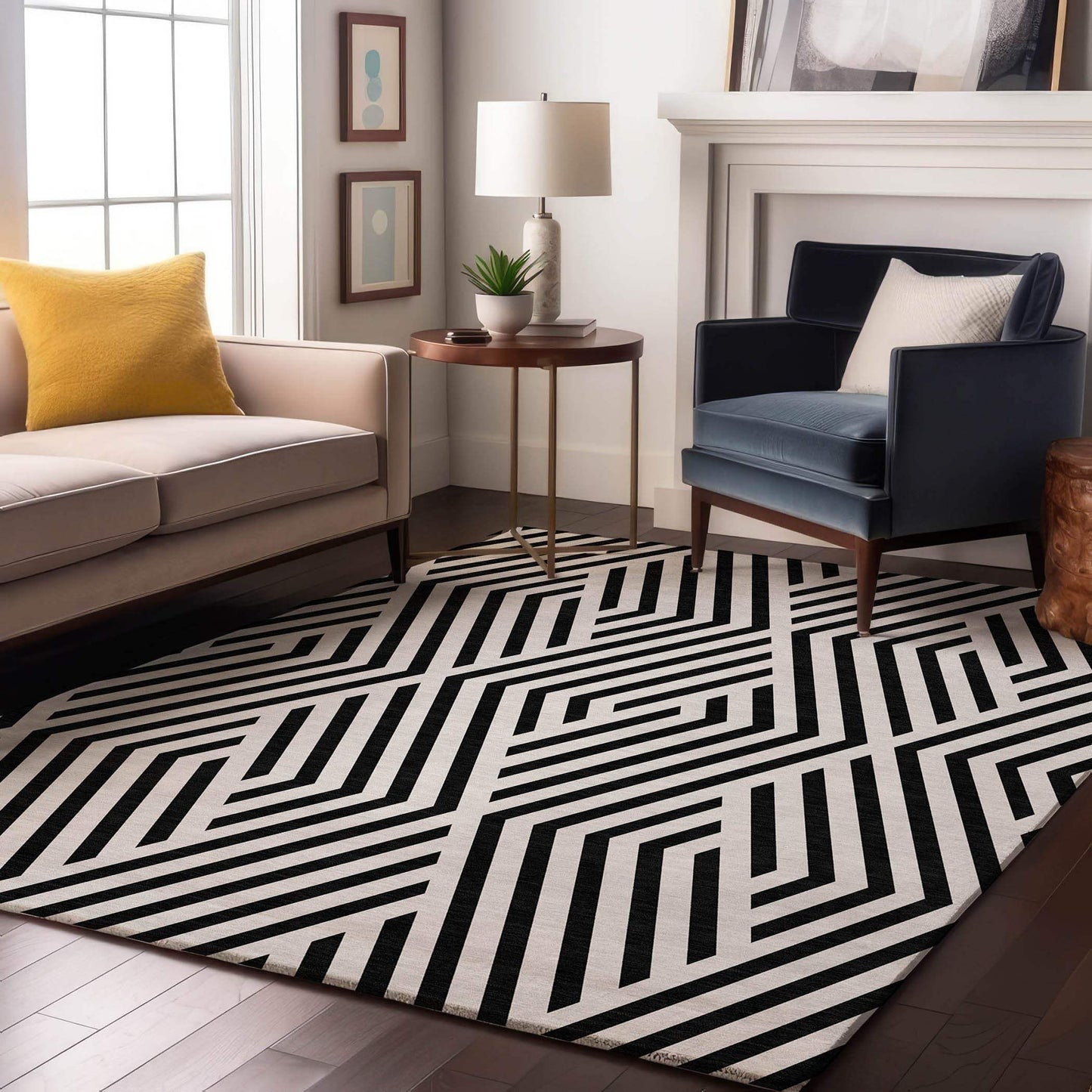 9' X 12' Black And Ivory Geometric Washable Area Rug With UV Protection - HomeRoots - Flyclothing LLC