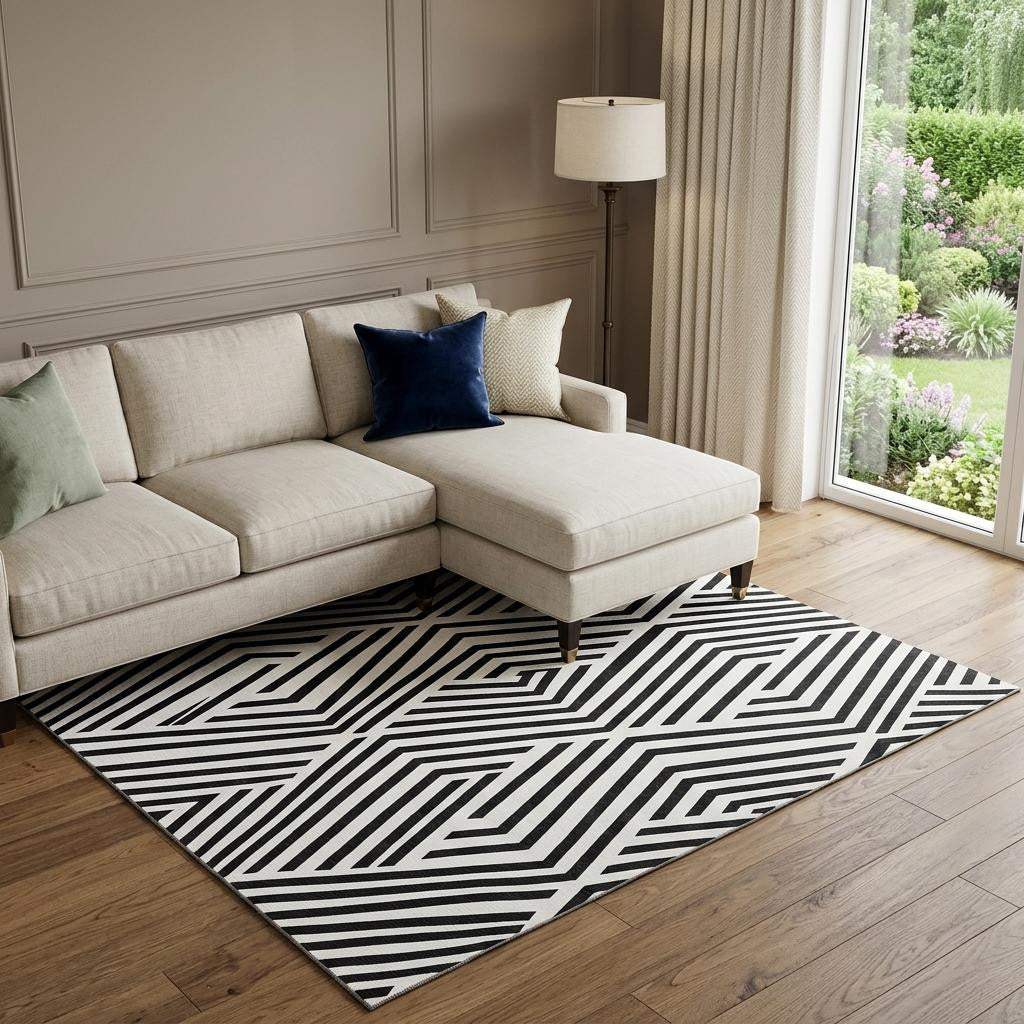 9' X 12' Black And Ivory Geometric Washable Area Rug With UV Protection - HomeRoots - Flyclothing LLC