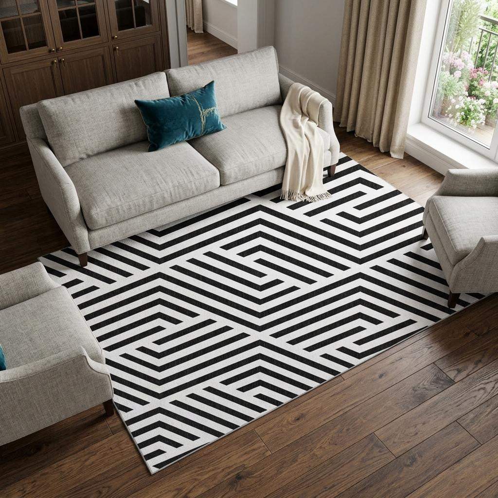 10' X 14' Black And Ivory Geometric Washable Area Rug With UV Protection - HomeRoots - Flyclothing LLC