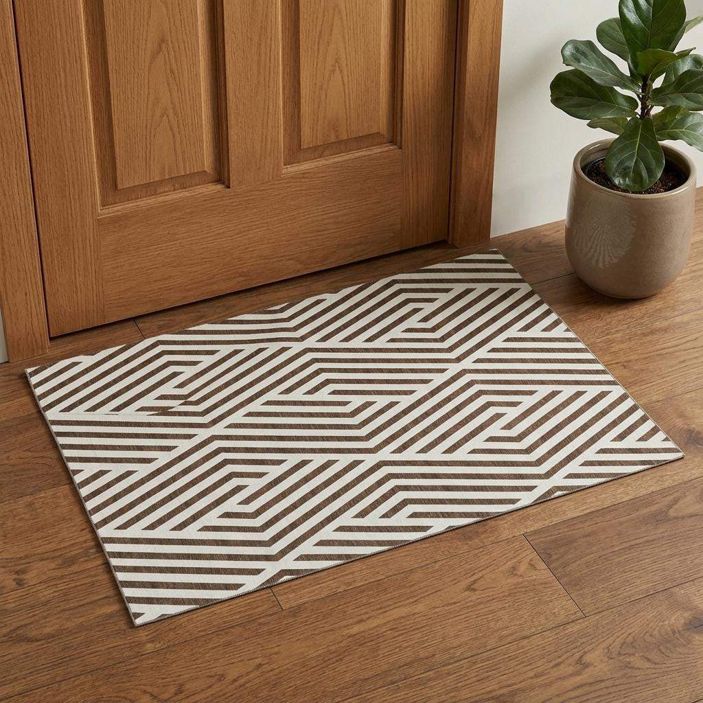 3' X 5' Brown And Ivory Geometric Washable Area Rug With UV Protection - HomeRoots - Flyclothing LLC