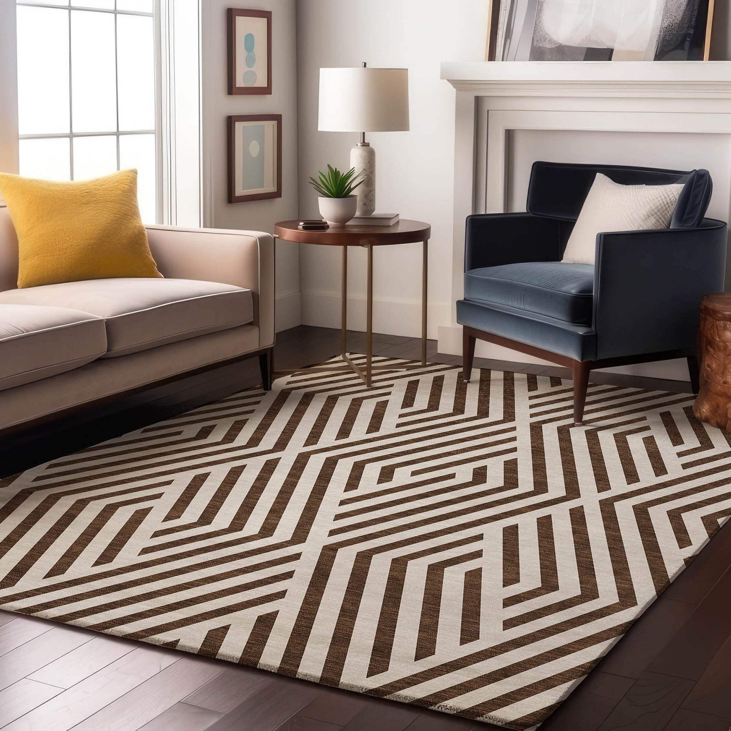 3' X 5' Brown And Ivory Geometric Washable Area Rug With UV Protection - HomeRoots - Flyclothing LLC