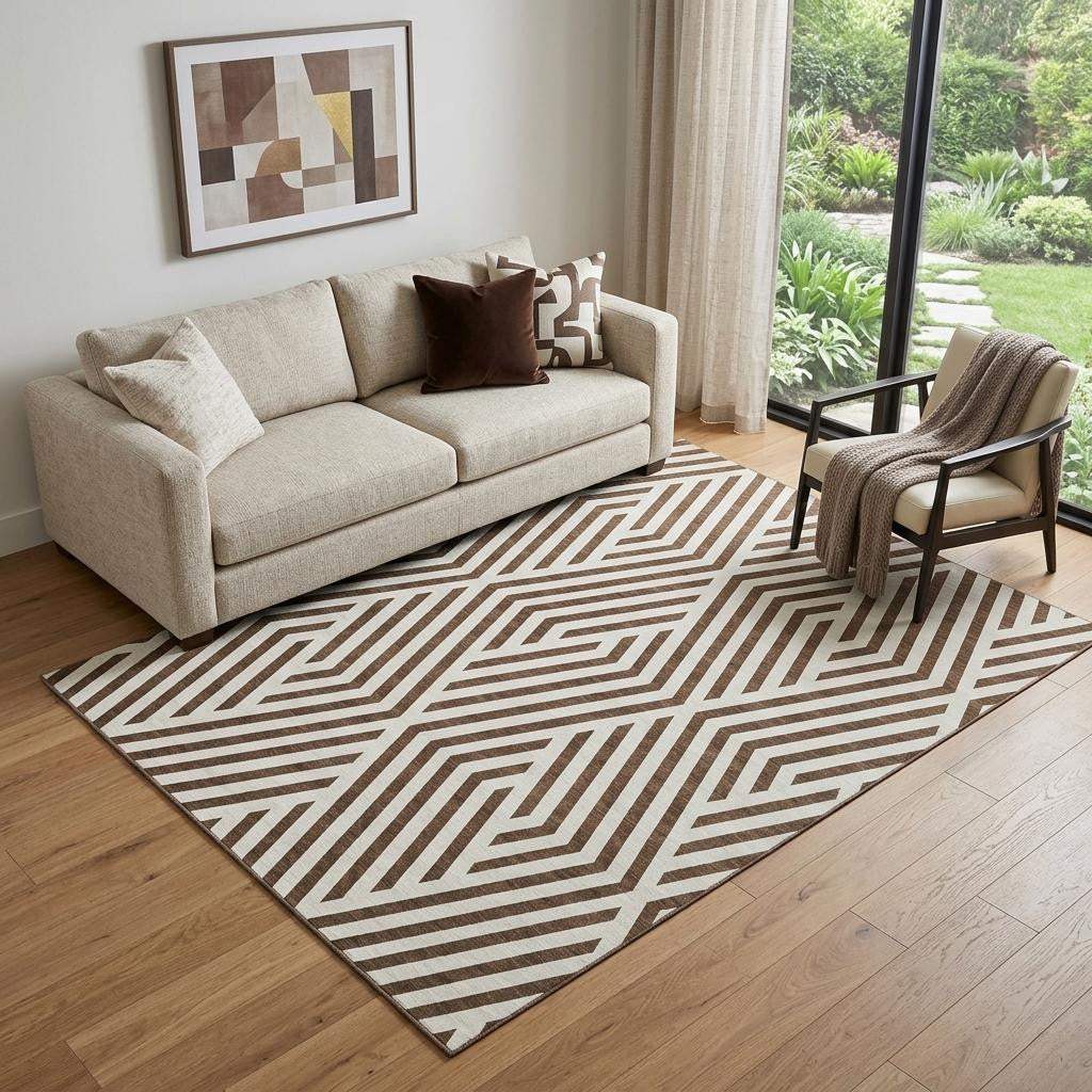 5' X 8' Brown And Ivory Geometric Washable Area Rug With UV Protection - HomeRoots - Flyclothing LLC