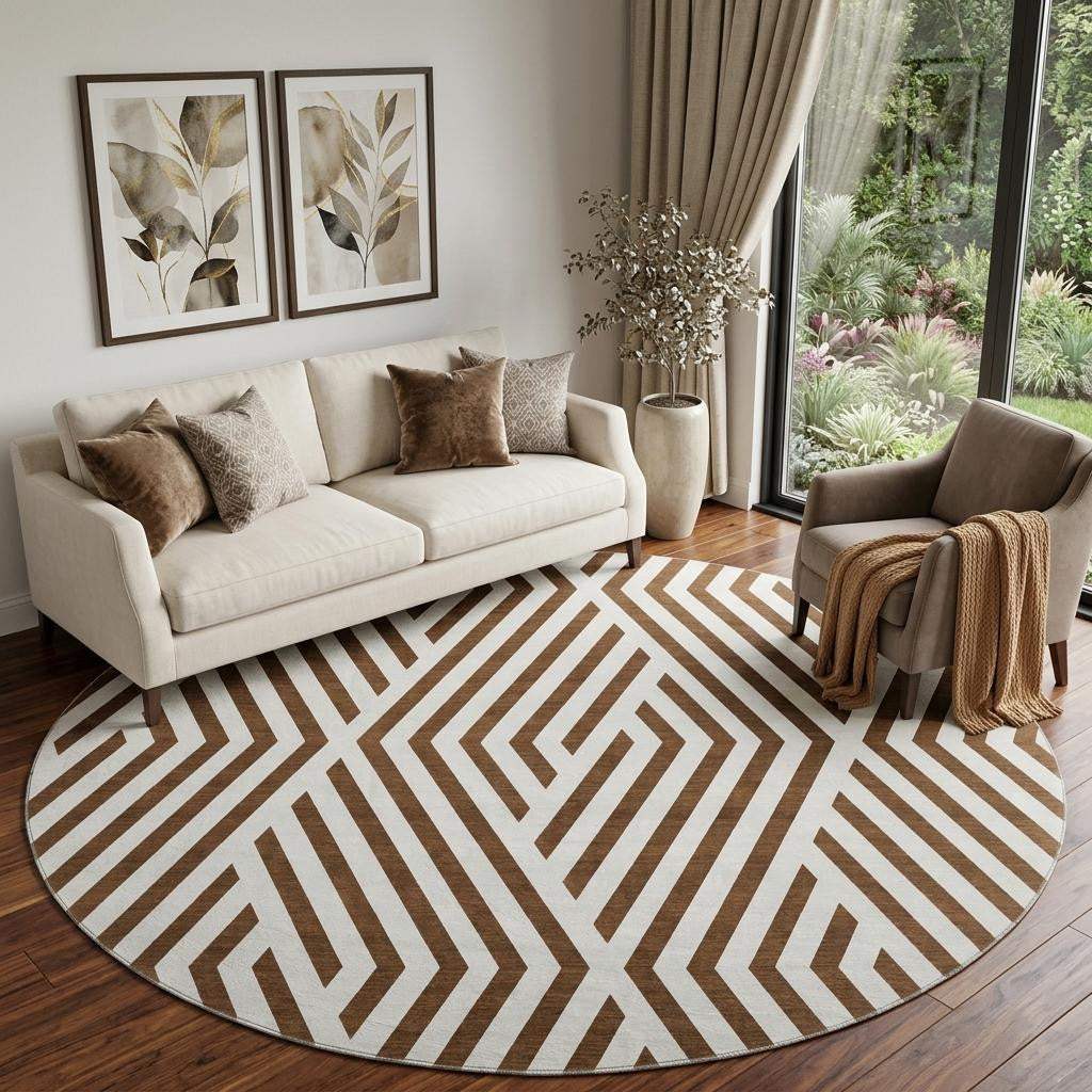 8' Brown And Ivory Geometric Washable Round Rug With UV Protection - HomeRoots - Flyclothing LLC