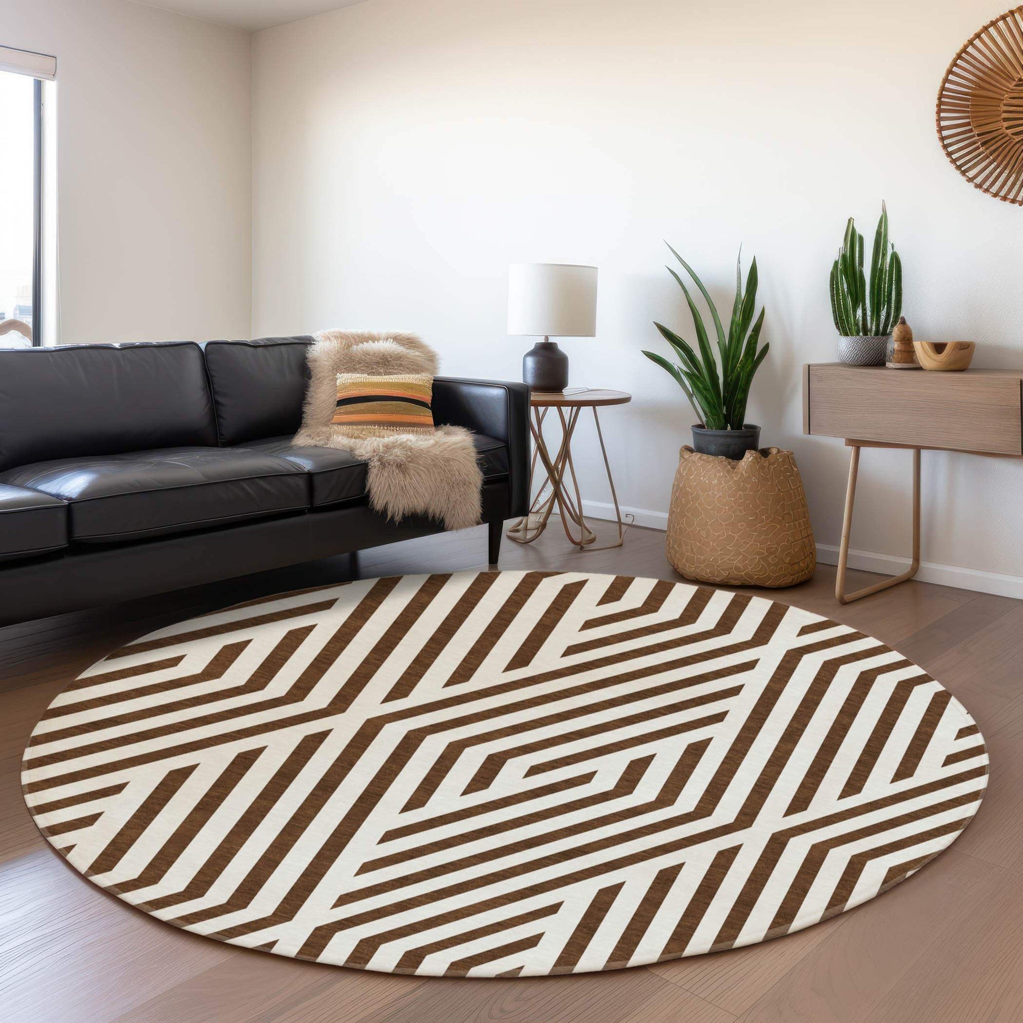 8' Brown And Ivory Geometric Washable Round Rug With UV Protection - HomeRoots - Flyclothing LLC