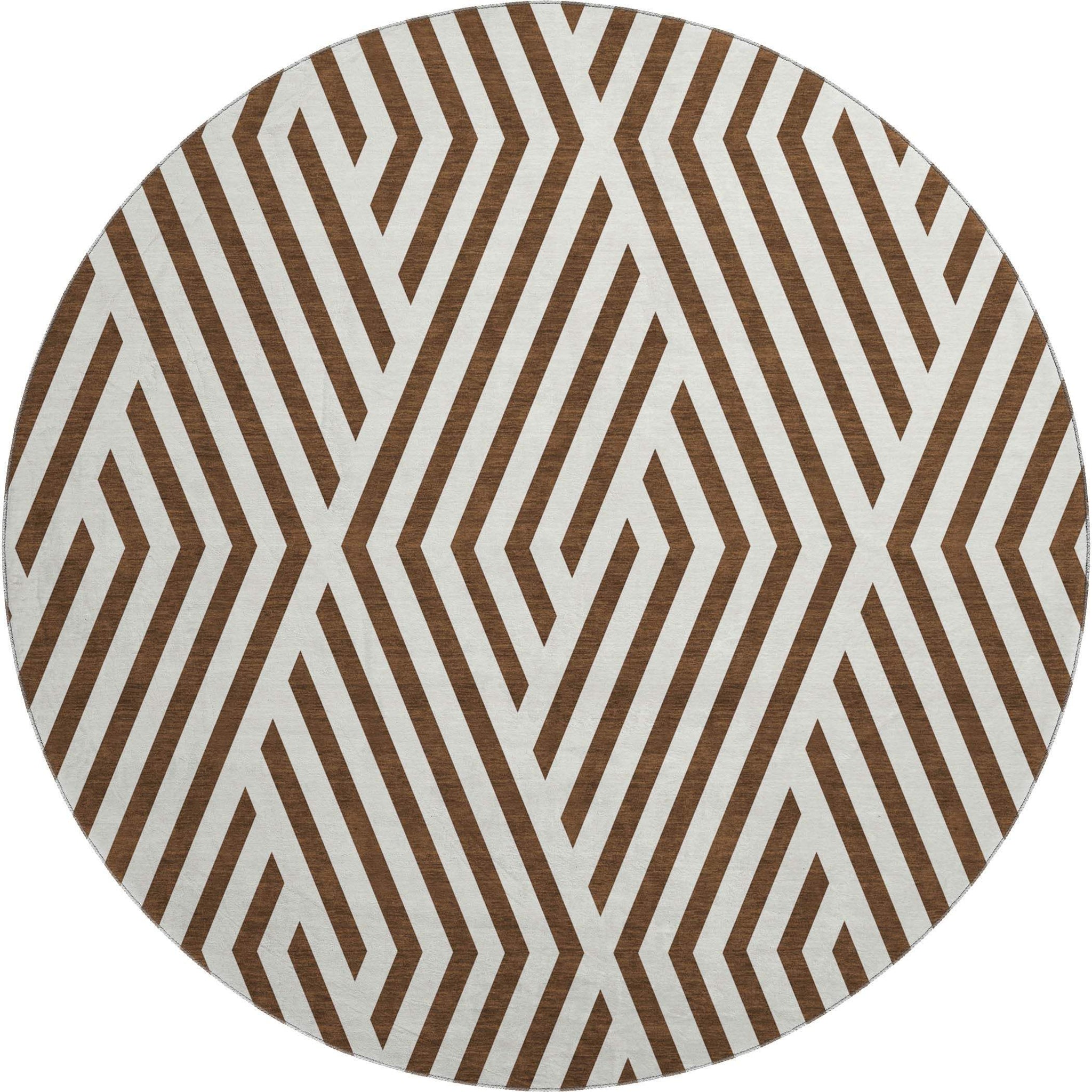 8' Brown And Ivory Geometric Washable Round Rug With UV Protection - HomeRoots - Flyclothing LLC