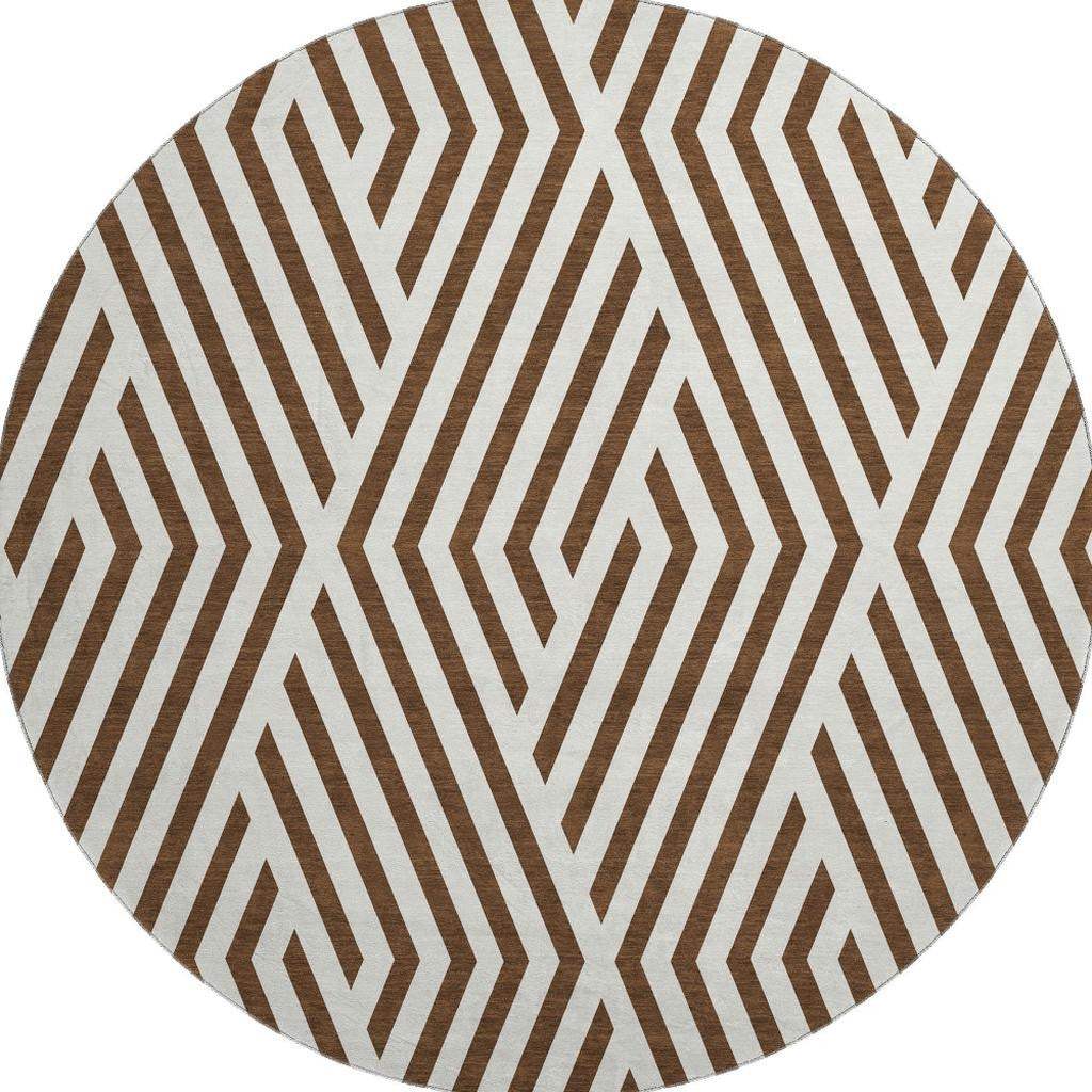 8' Brown And Ivory Geometric Washable Round Rug With UV Protection - HomeRoots - Flyclothing LLC