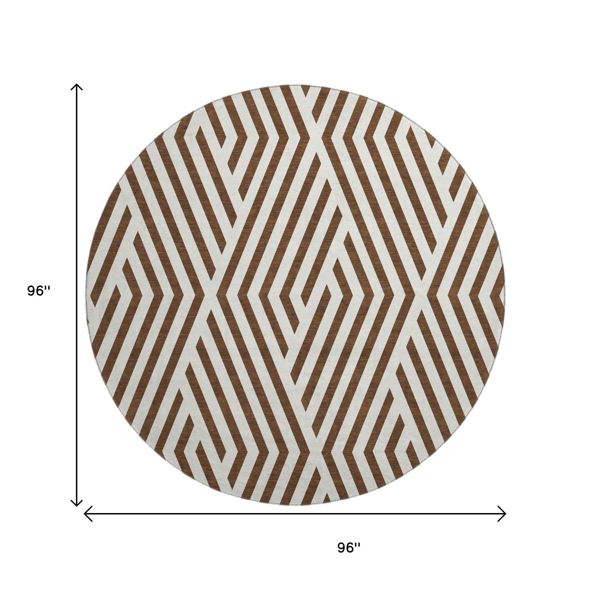 8' Brown And Ivory Geometric Washable Round Rug With UV Protection - HomeRoots - Flyclothing LLC