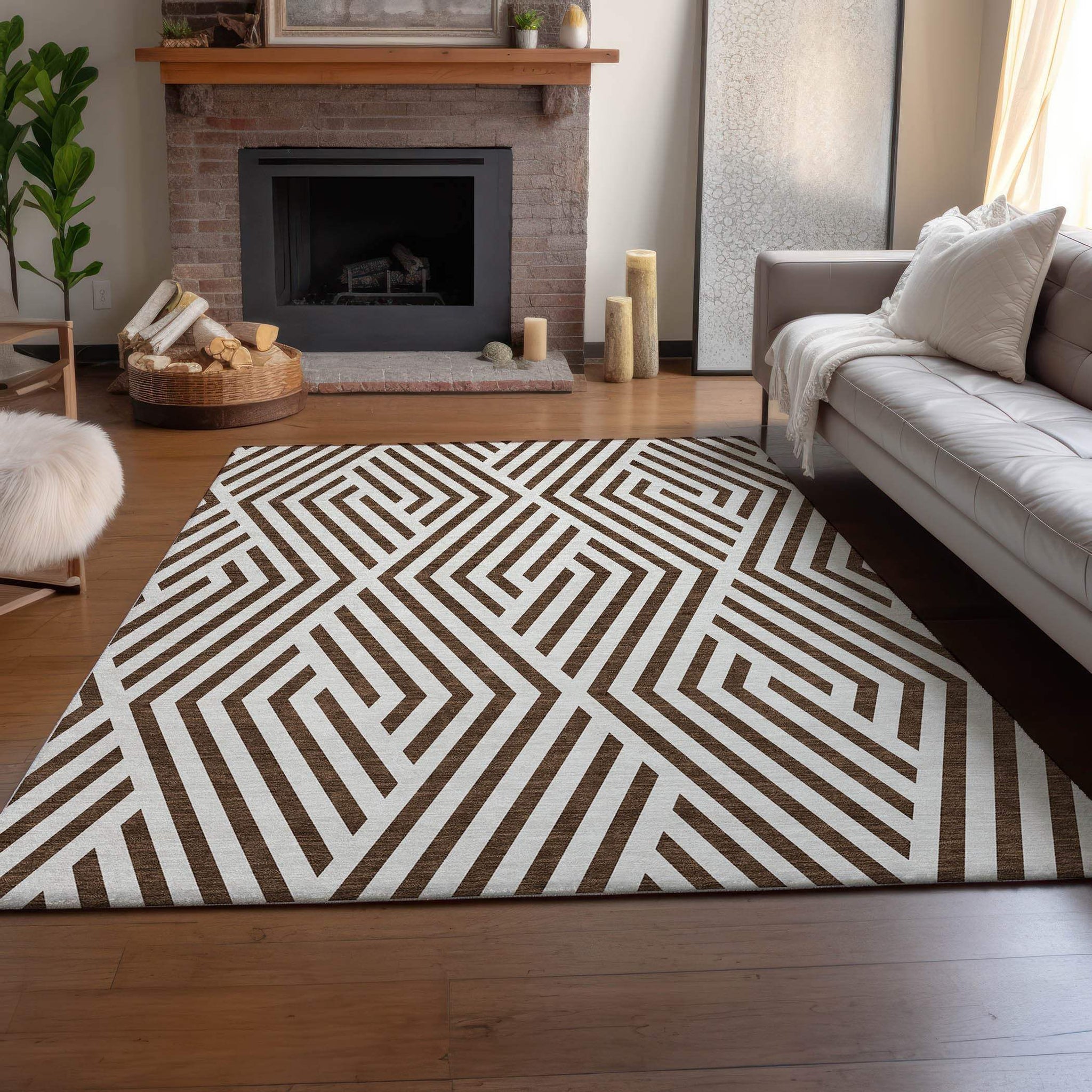 8' X 10' Brown And Ivory Geometric Washable Area Rug With UV Protection - HomeRoots - Flyclothing LLC