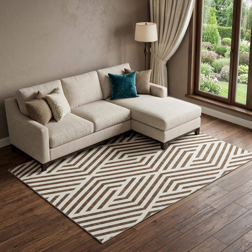9' X 12' Brown And Ivory Geometric Washable Area Rug With UV Protection - HomeRoots - Flyclothing LLC