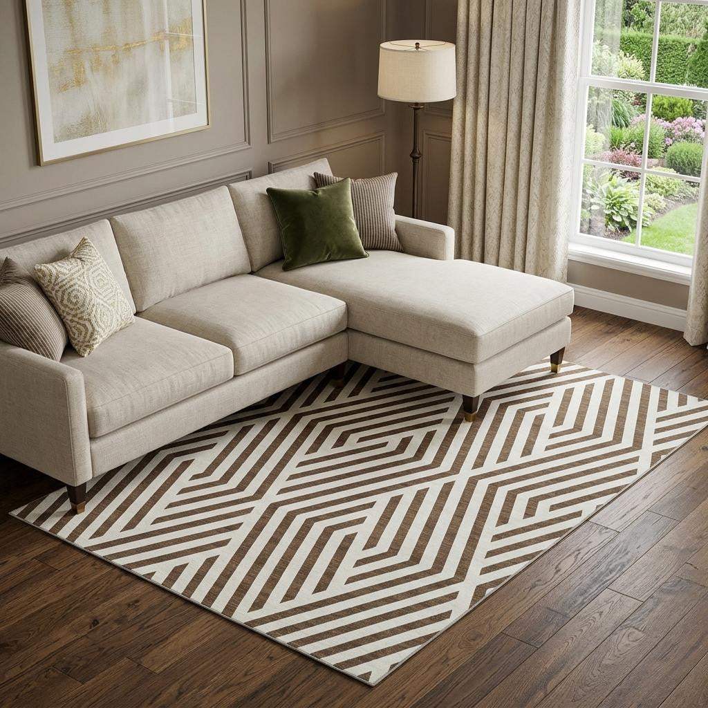 10' X 14' Brown And Ivory Geometric Washable Area Rug With UV Protection - HomeRoots - Flyclothing LLC