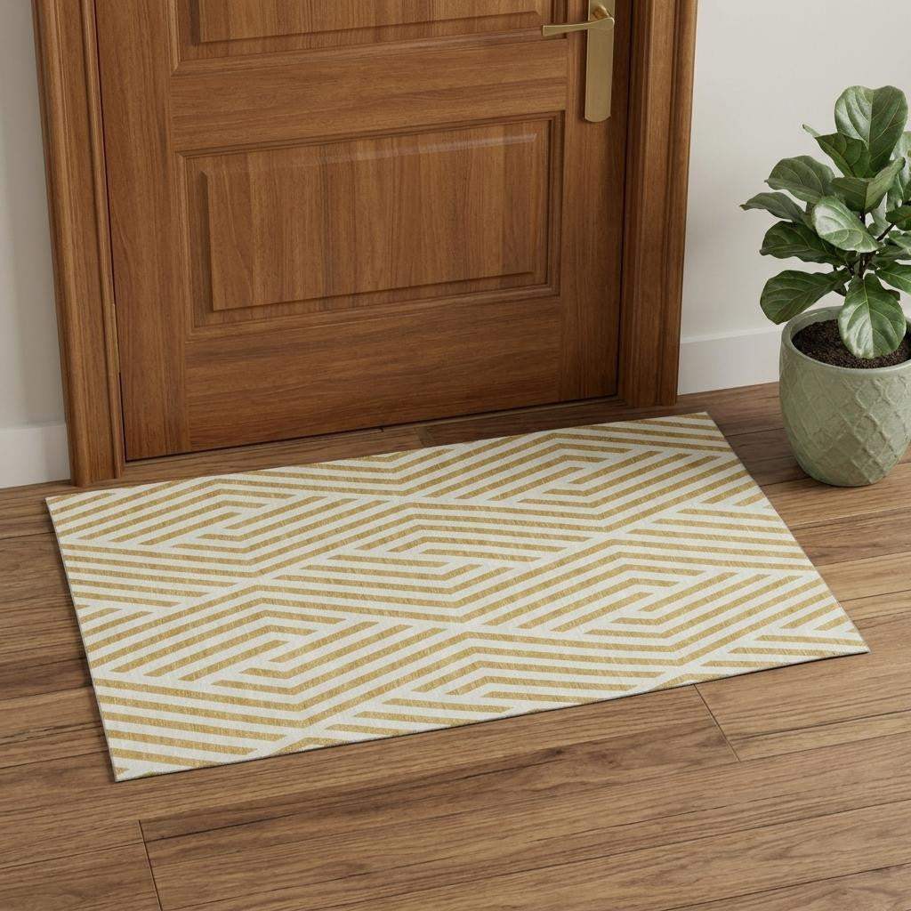 3' X 5' Gold And Ivory Geometric Washable Area Rug With UV Protection - HomeRoots - Flyclothing LLC