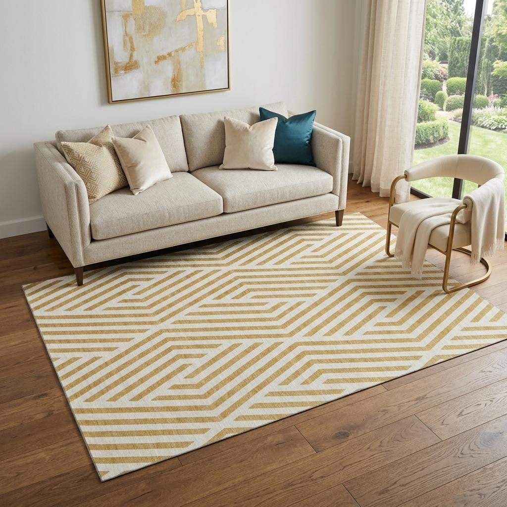 5' X 8' Gold And Ivory Geometric Washable Area Rug With UV Protection - HomeRoots - Flyclothing LLC