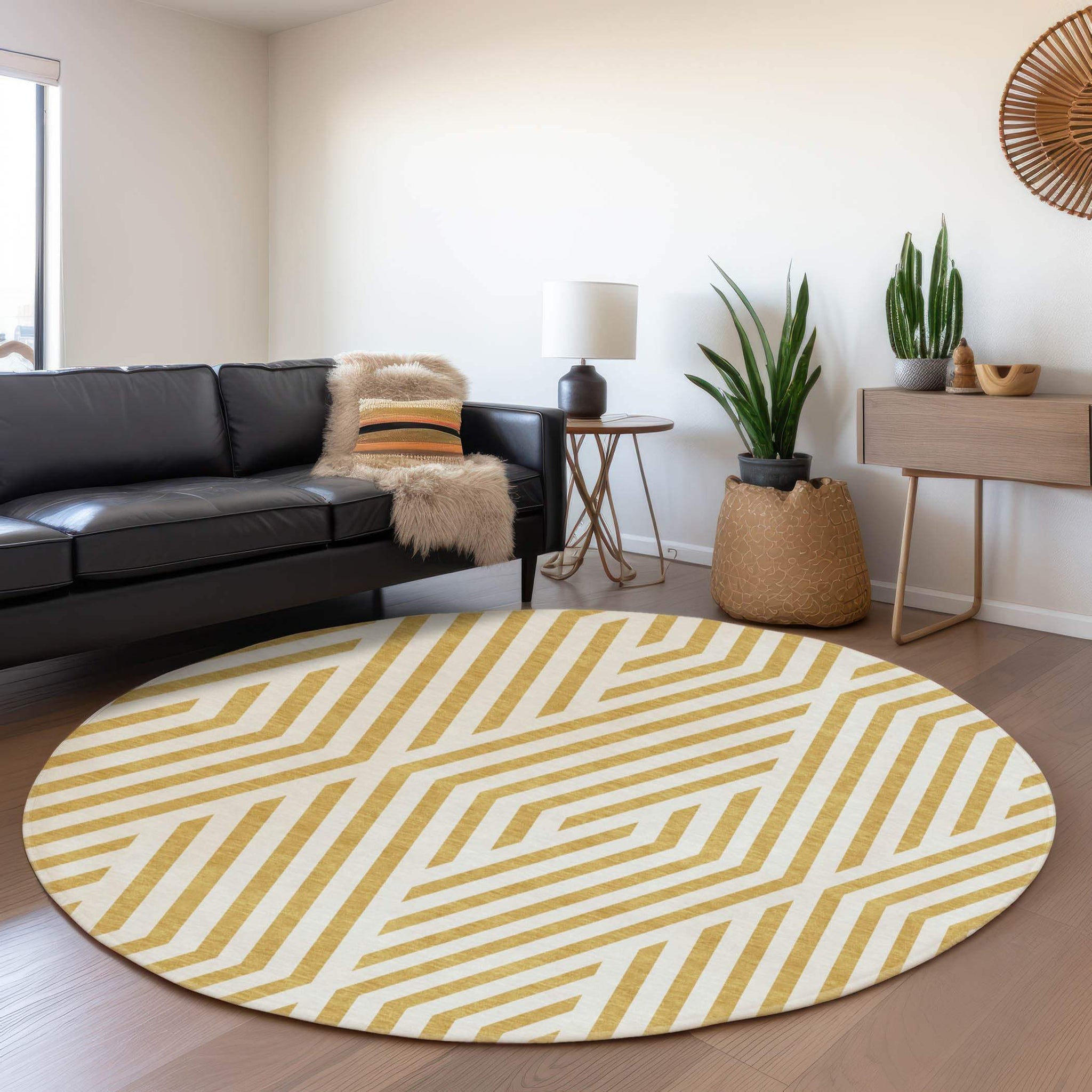 8' Gold And Ivory Geometric Washable Round Rug With UV Protection - HomeRoots - Flyclothing LLC