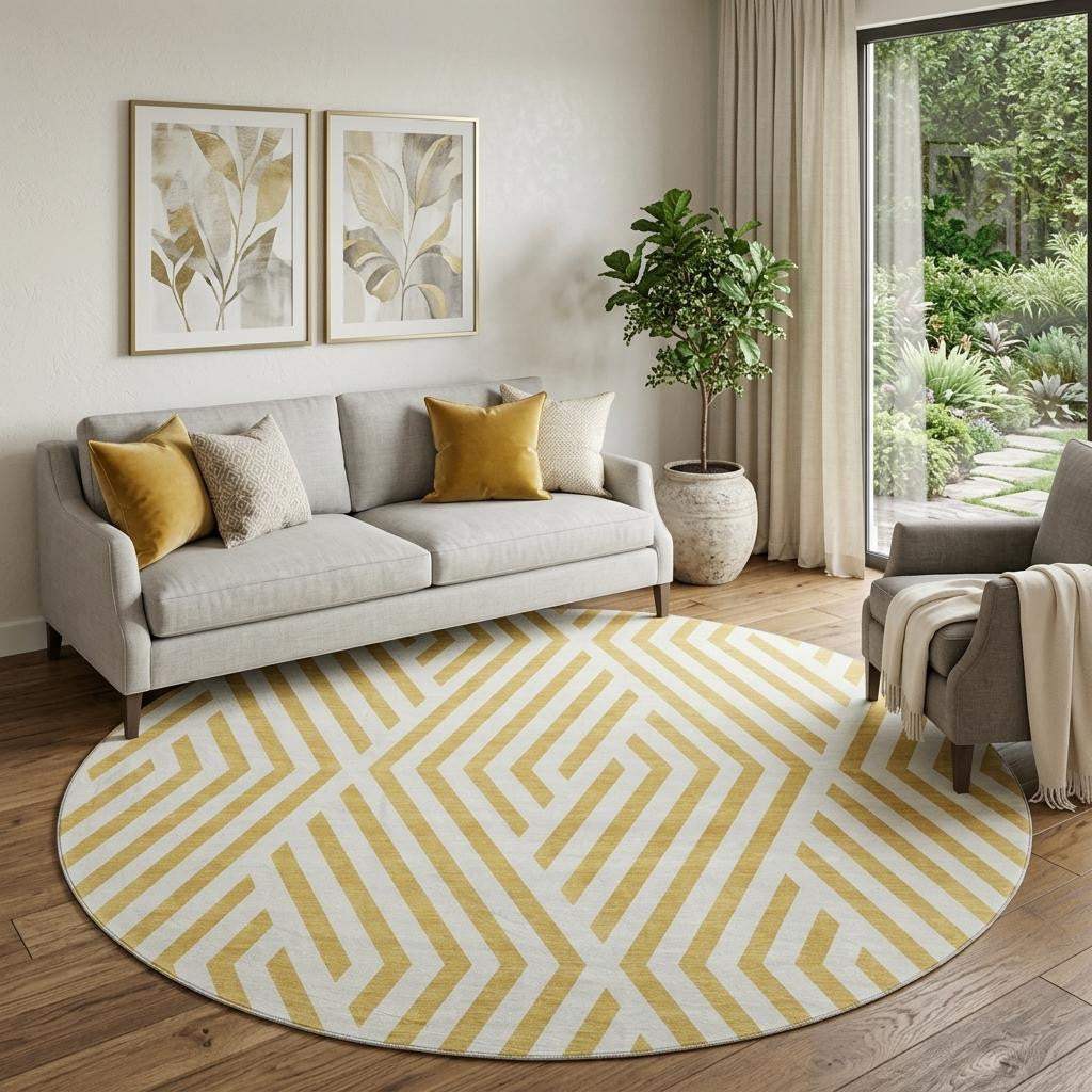 8' Gold And Ivory Geometric Washable Round Rug With UV Protection - HomeRoots - Flyclothing LLC