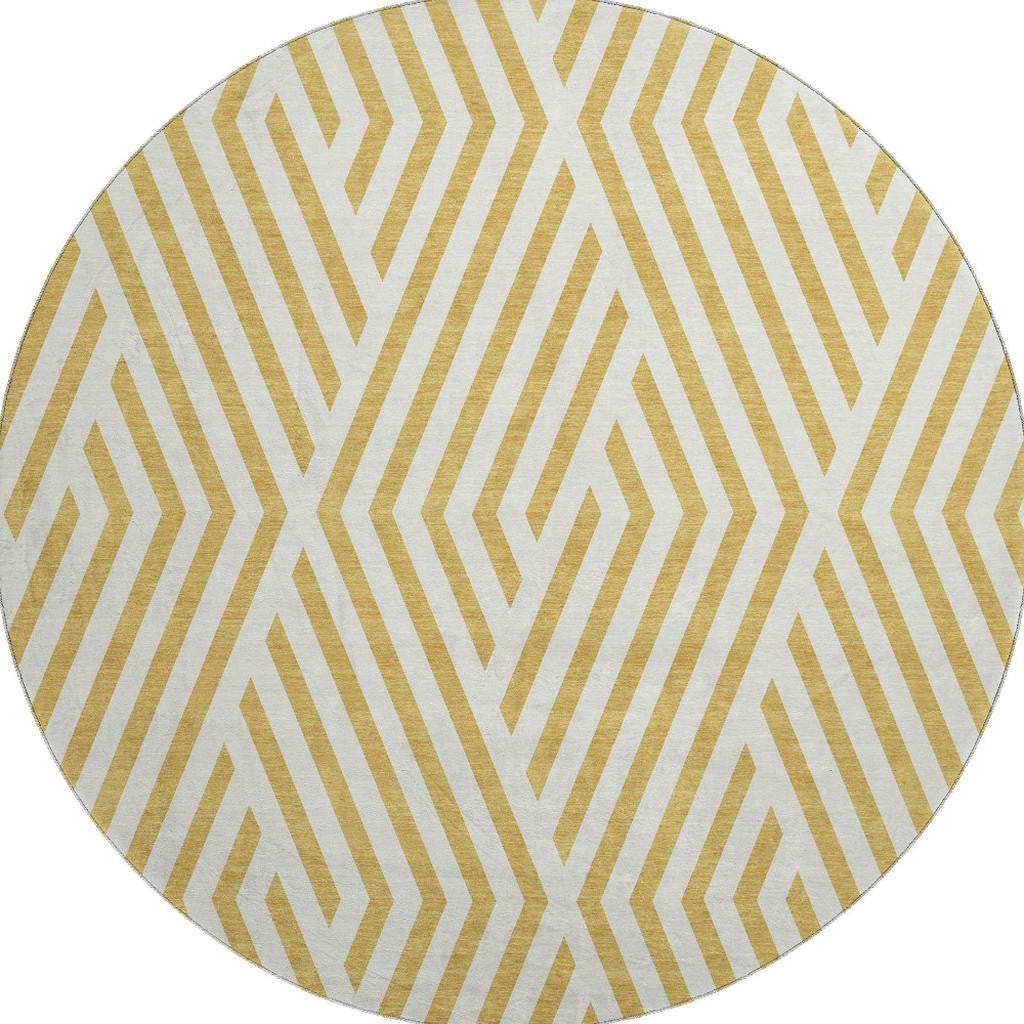 8' Gold And Ivory Geometric Washable Round Rug With UV Protection - HomeRoots - Flyclothing LLC