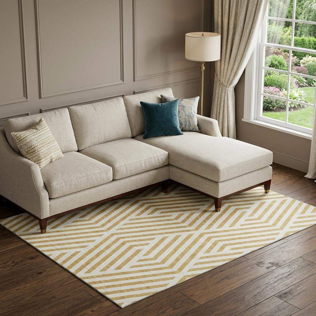 8' X 10' Gold And Ivory Geometric Washable Area Rug With UV Protection - HomeRoots - Flyclothing LLC