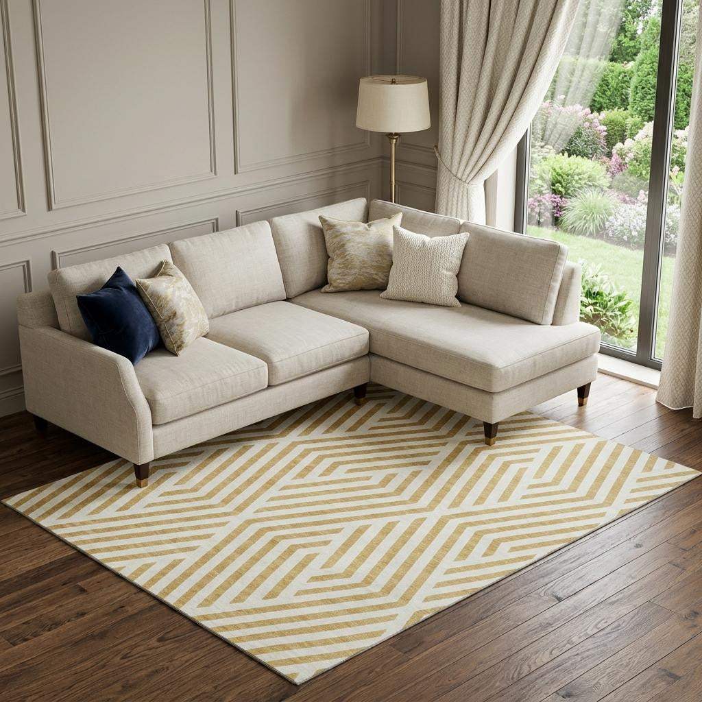 9' X 12' Gold And Ivory Geometric Washable Area Rug With UV Protection - HomeRoots - Flyclothing LLC