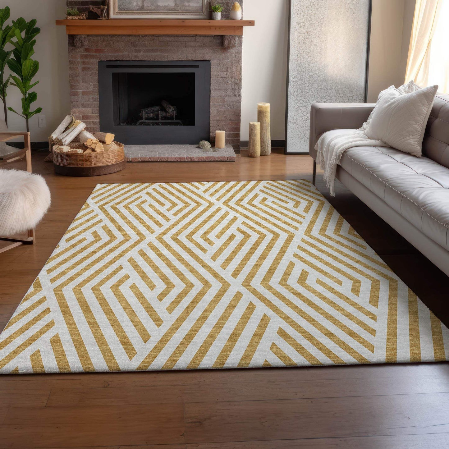 9' X 12' Gold And Ivory Geometric Washable Area Rug With UV Protection - HomeRoots - Flyclothing LLC