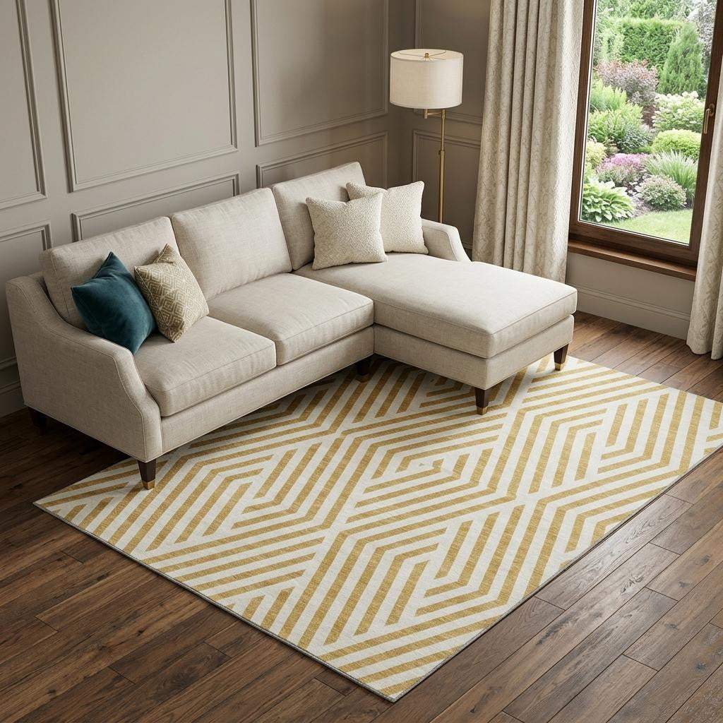 10' X 14' Gold And Ivory Geometric Washable Area Rug With UV Protection - HomeRoots - Flyclothing LLC