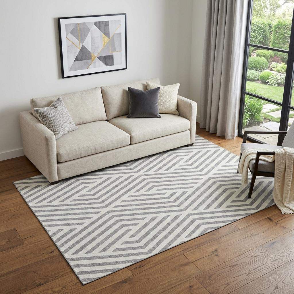 5' X 8' Gray And Ivory Geometric Washable Area Rug With UV Protection - HomeRoots - Flyclothing LLC