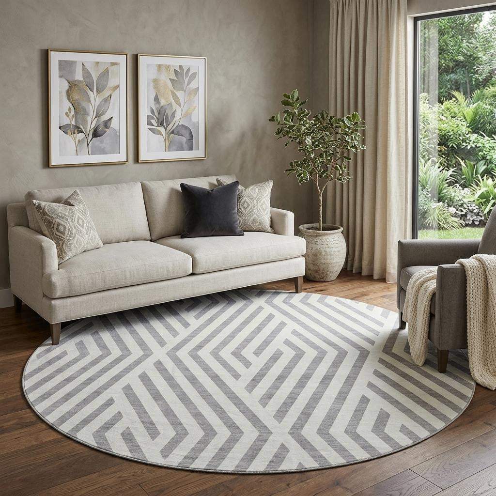8' Gray And Ivory Geometric Washable Round Rug With UV Protection - HomeRoots - Flyclothing LLC