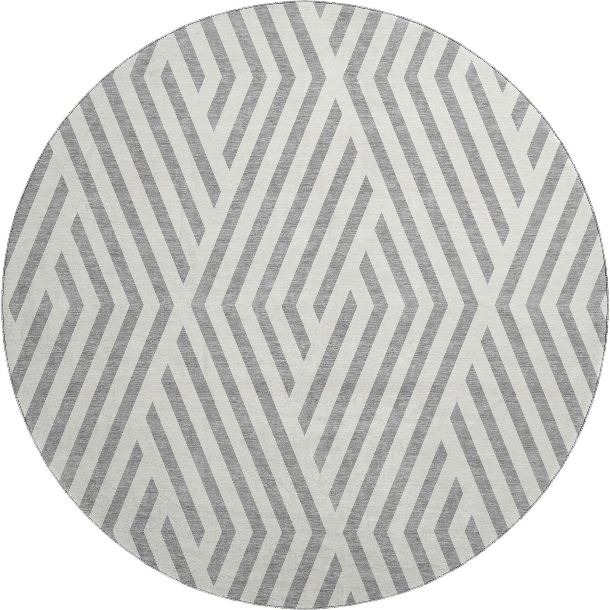 8' Gray And Ivory Geometric Washable Round Rug With UV Protection - HomeRoots - Flyclothing LLC