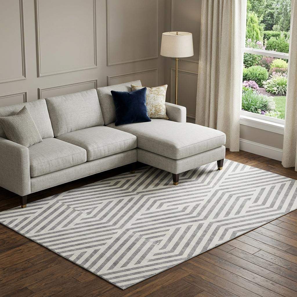 8' X 10' Gray And Ivory Geometric Washable Area Rug With UV Protection - HomeRoots - Flyclothing LLC