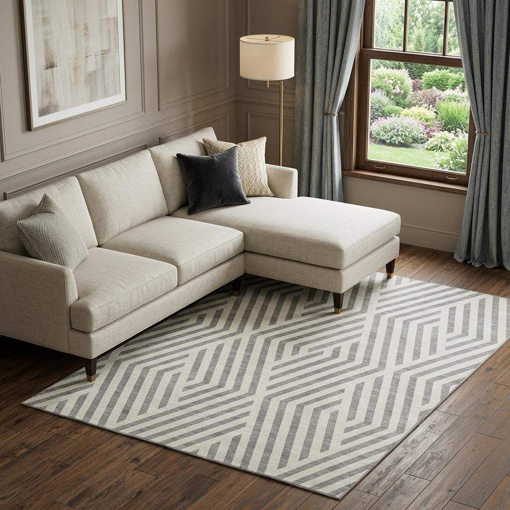 9' X 12' Gray And Ivory Geometric Washable Area Rug With UV Protection - HomeRoots - Flyclothing LLC