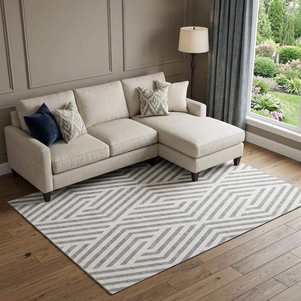 9' X 12' Gray And Ivory Geometric Washable Area Rug With UV Protection - HomeRoots - Flyclothing LLC