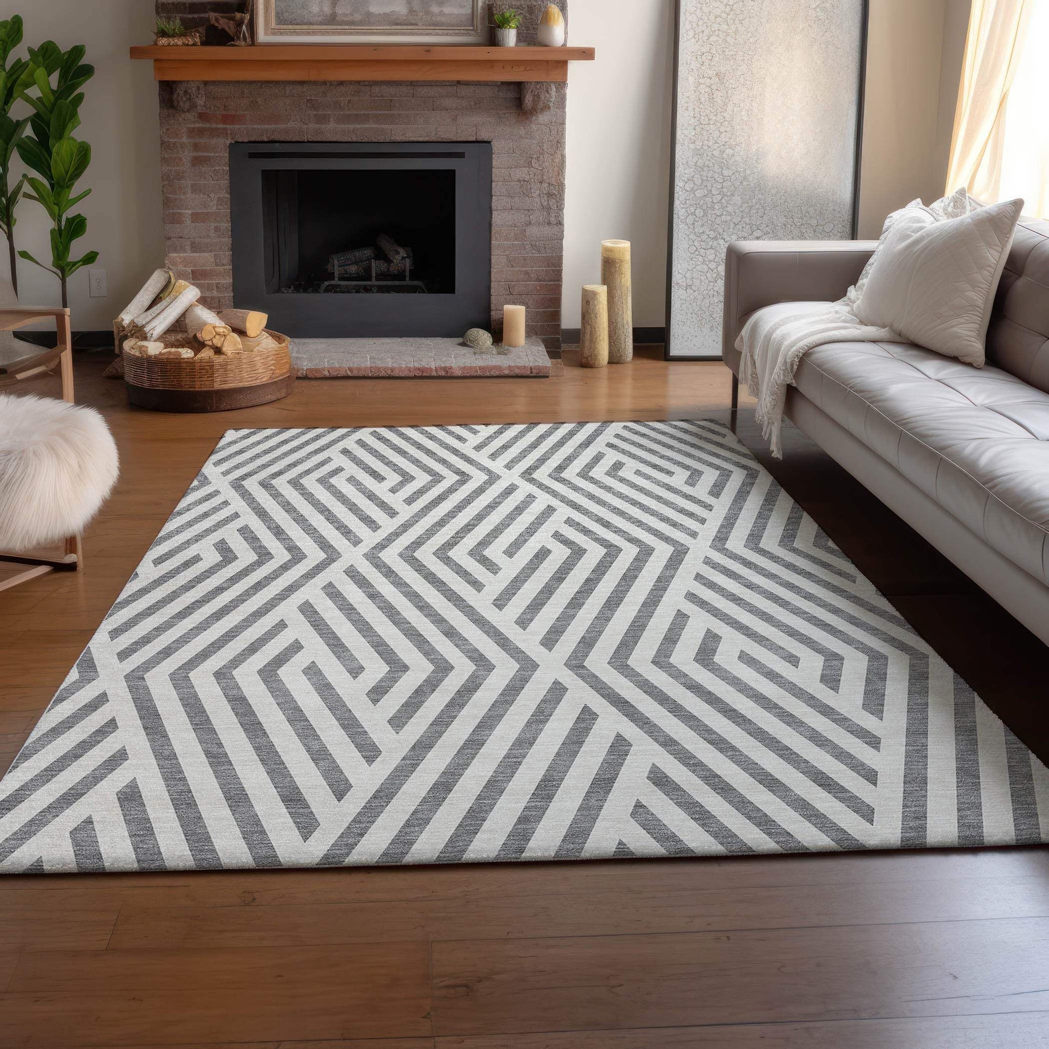 10' X 14' Gray And Ivory Geometric Washable Area Rug With UV Protection - HomeRoots - Flyclothing LLC