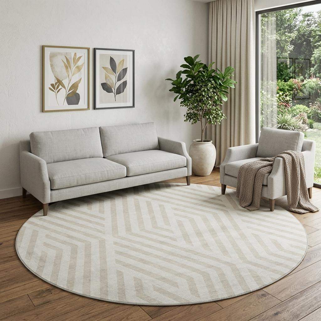 8' Ivory And Beige Geometric Washable Round Rug With UV Protection - HomeRoots - Flyclothing LLC