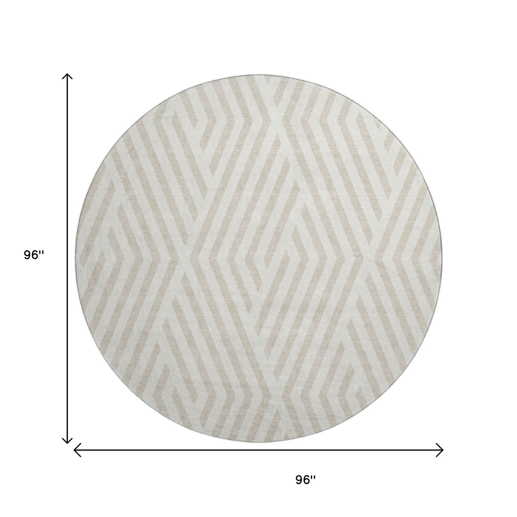 8' Ivory And Beige Geometric Washable Round Rug With UV Protection - HomeRoots - Flyclothing LLC