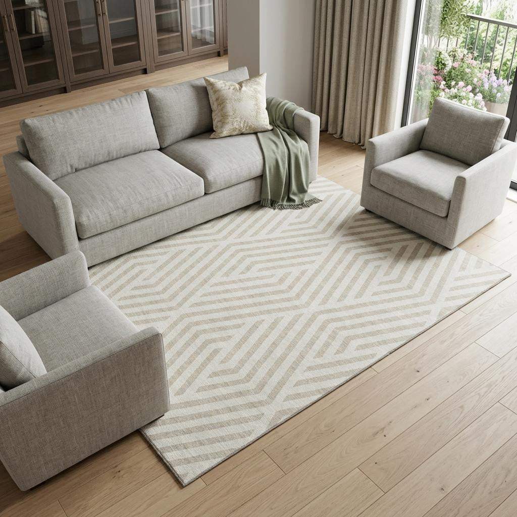 8' X 10' Ivory And Beige Geometric Washable Area Rug With UV Protection - HomeRoots - Flyclothing LLC