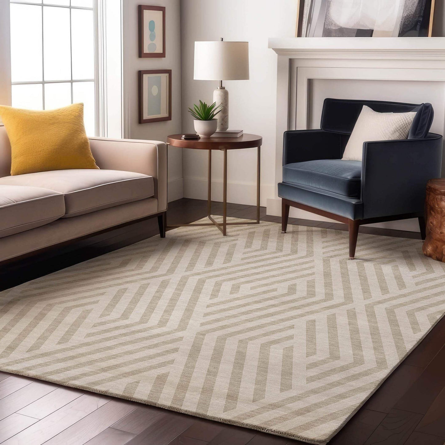 8' X 10' Ivory And Beige Geometric Washable Area Rug With UV Protection - HomeRoots - Flyclothing LLC