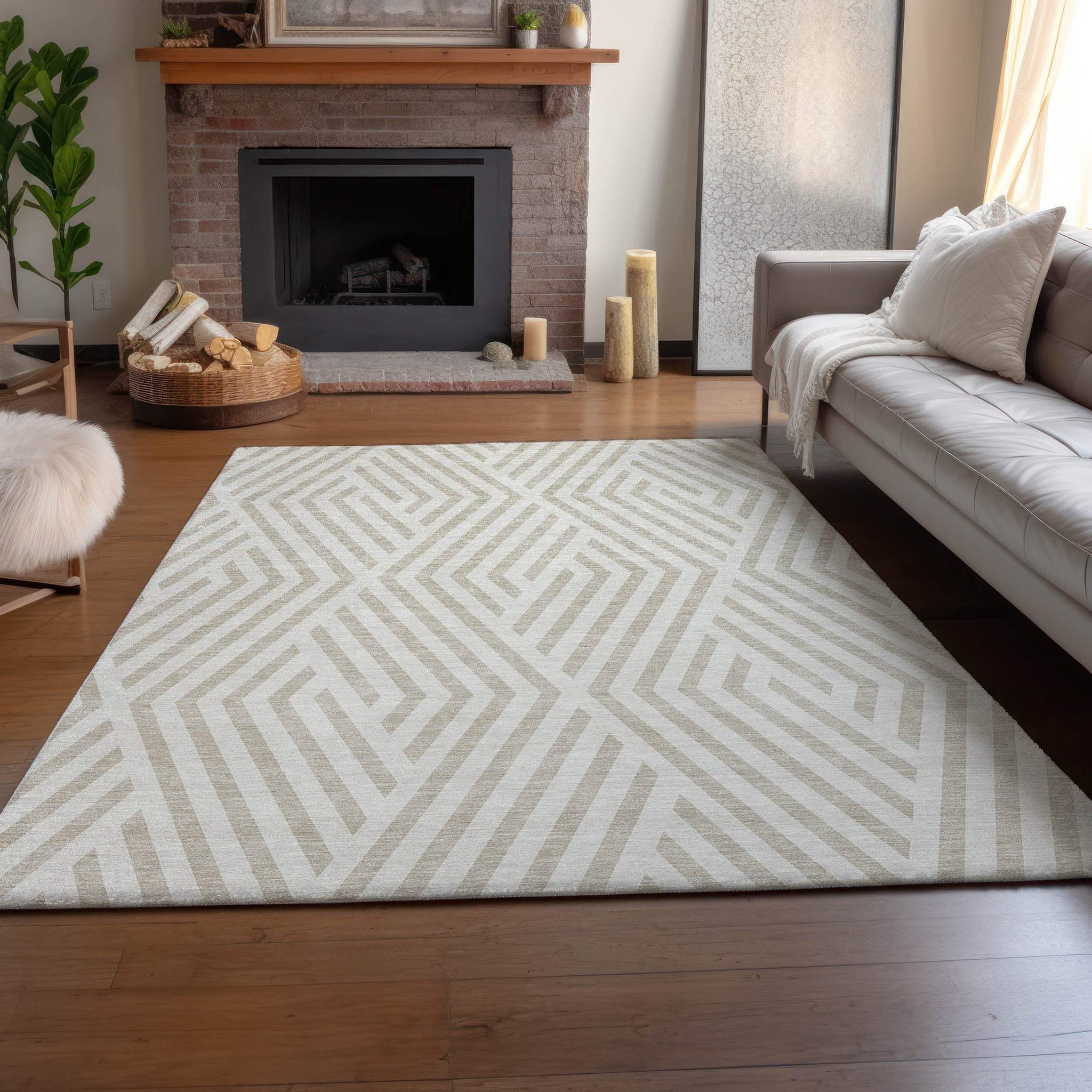 8' X 10' Ivory And Beige Geometric Washable Area Rug With UV Protection - HomeRoots - Flyclothing LLC