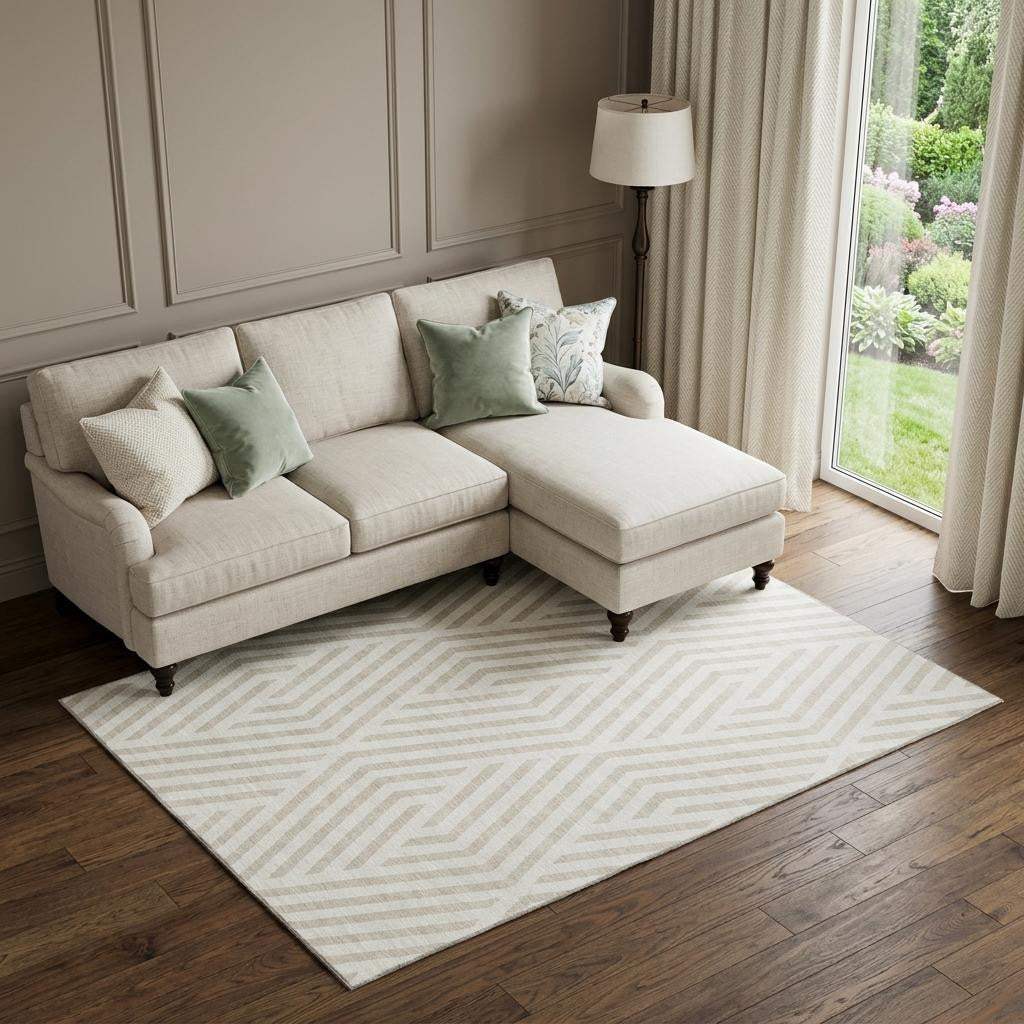 9' X 12' Ivory And Beige Geometric Washable Area Rug With UV Protection - HomeRoots - Flyclothing LLC