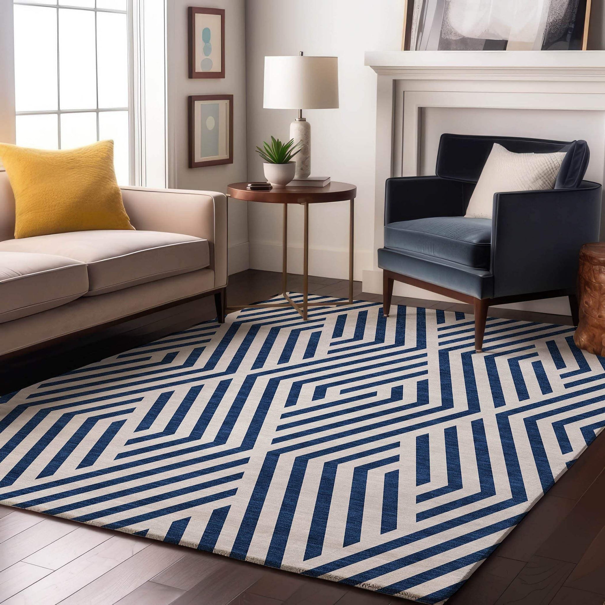 5' X 8' Navy Blue And Ivory Geometric Washable Area Rug With UV Protection - HomeRoots - Flyclothing LLC