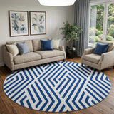 8' Navy Blue And Ivory Geometric Washable Round Rug With UV Protection - HomeRoots - Flyclothing LLC