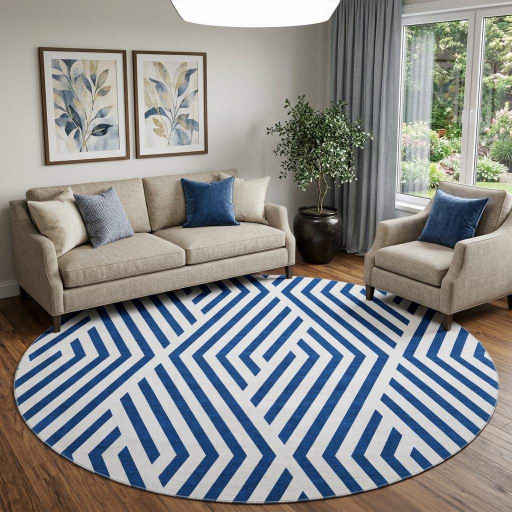 8' Navy Blue And Ivory Geometric Washable Round Rug With UV Protection - HomeRoots - Flyclothing LLC